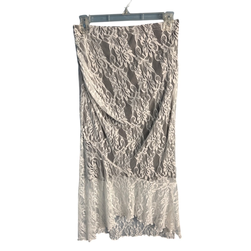 White Floral Lace Maxi Skirt Black Lining Coquette Whimsigoth Sheer Mesh Medium